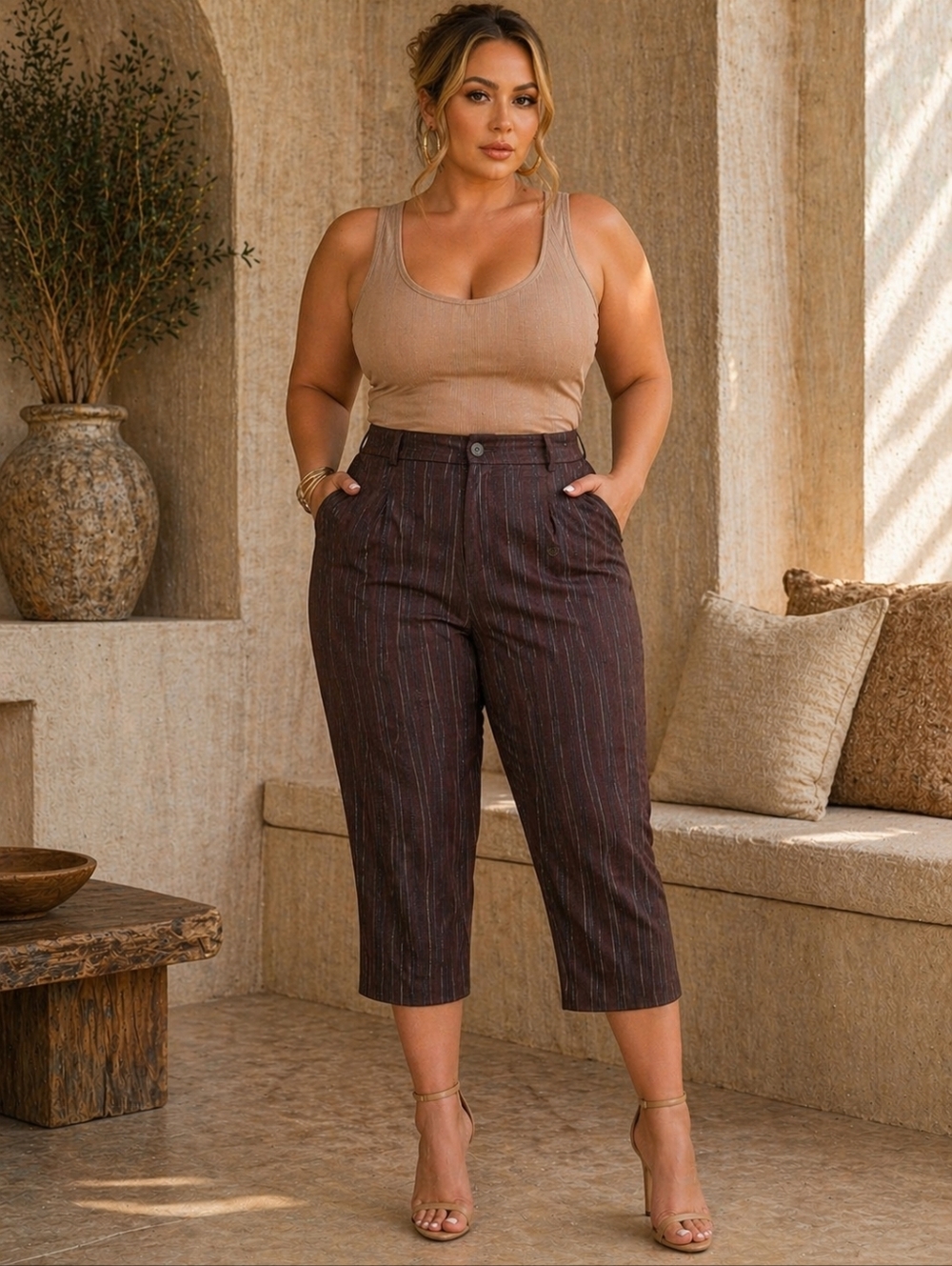 NWT! George Plus Size 24W Brown Multi-Stripe Career Capri Pants Work Trousers